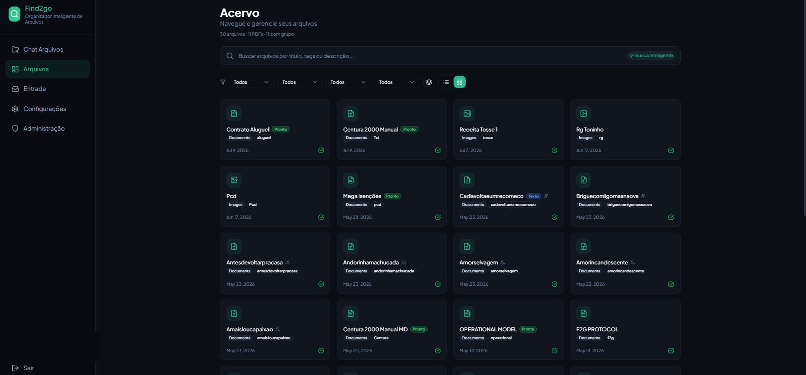 Acervo do Find2Go com arquivos organizados por título, categoria e tags