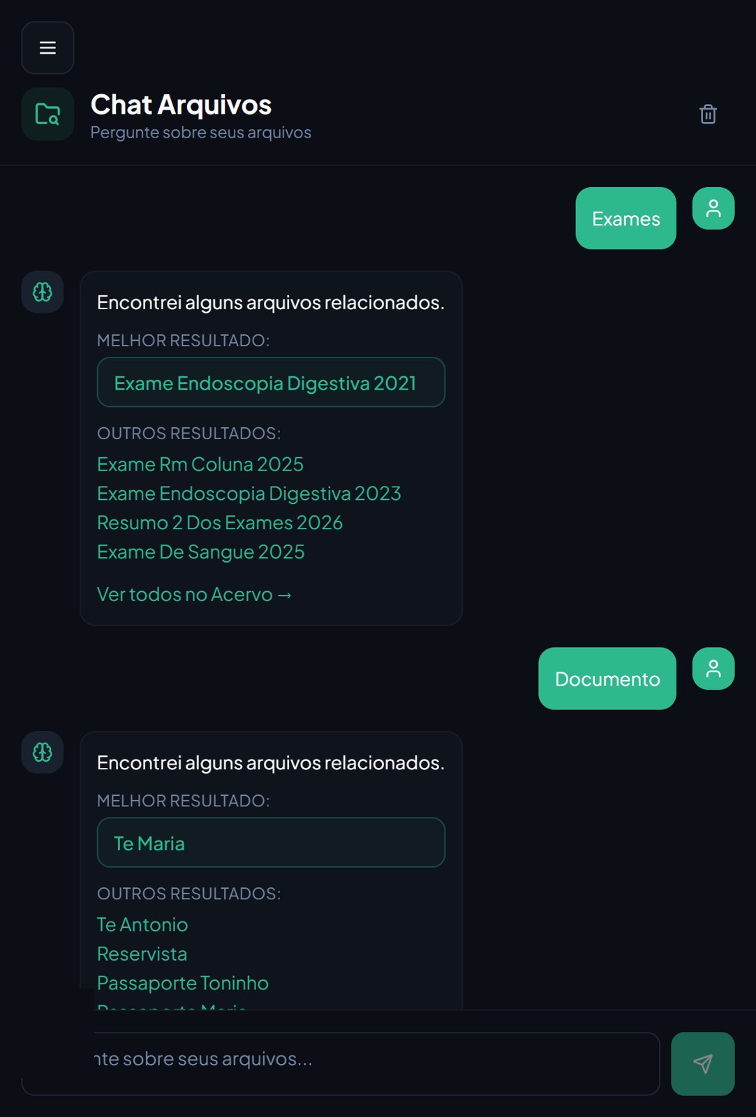 Chat de Arquivos do Find2Go com a pergunta e os arquivos encontrados