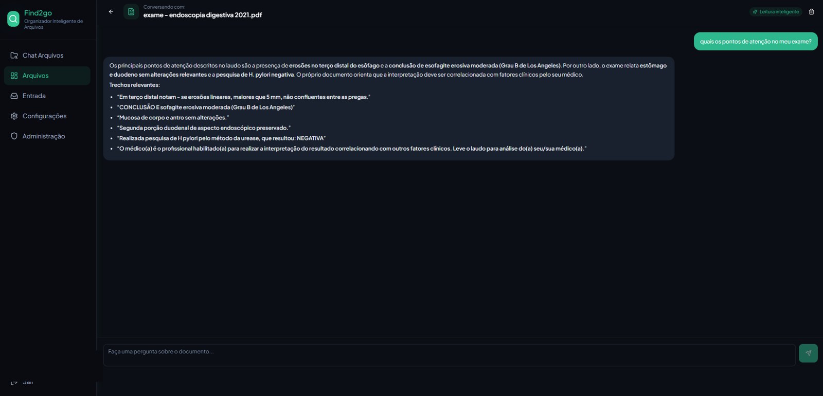 Chat de Documento do Find2Go com resposta e trechos relevantes citados