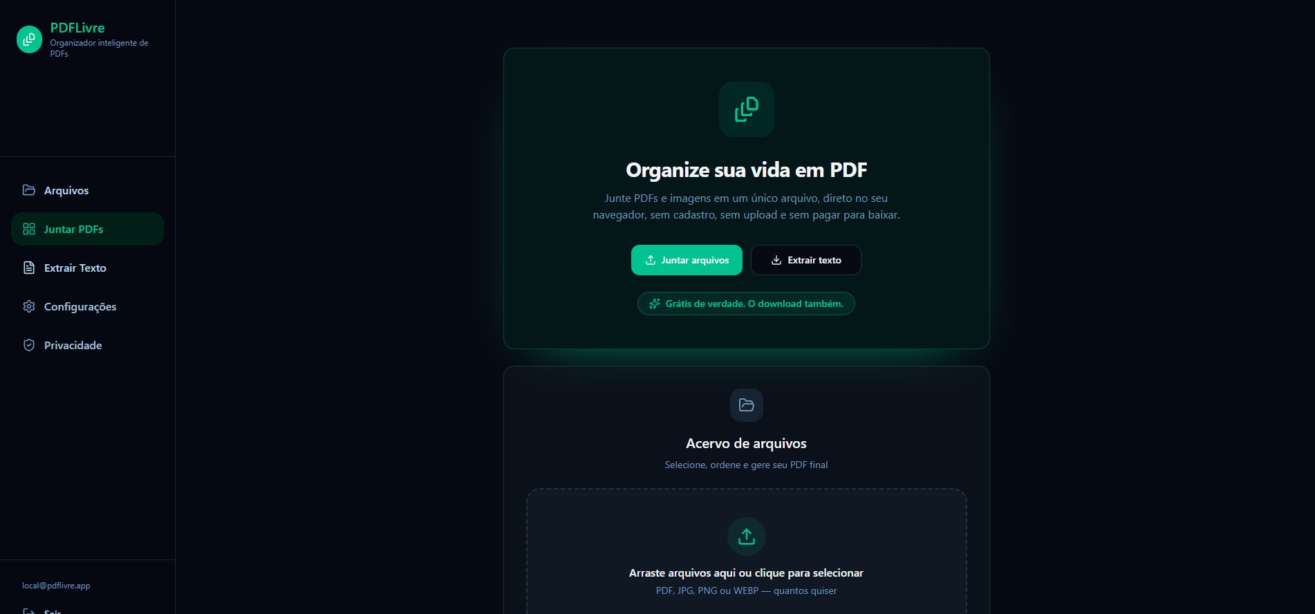 Tela real do PdfLivre com as ações Juntar arquivos e Extrair texto