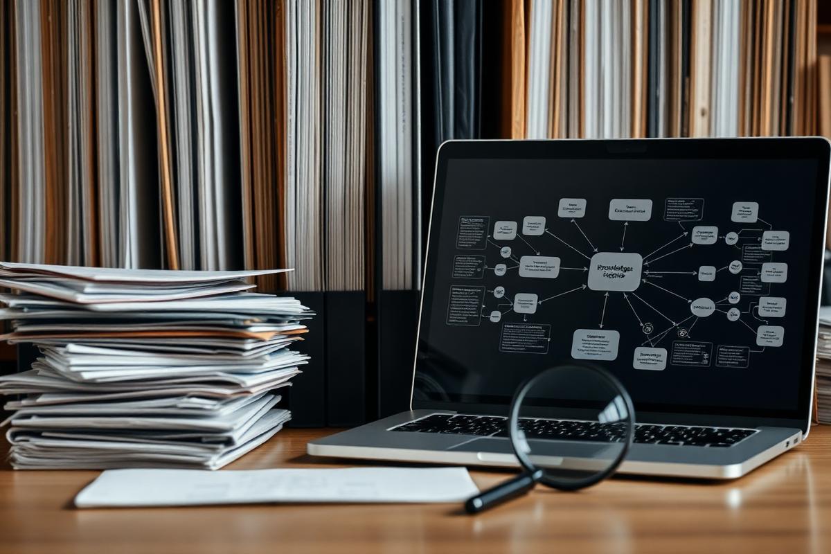 Documentos organizados ao lado de uma tela com informações conectadas