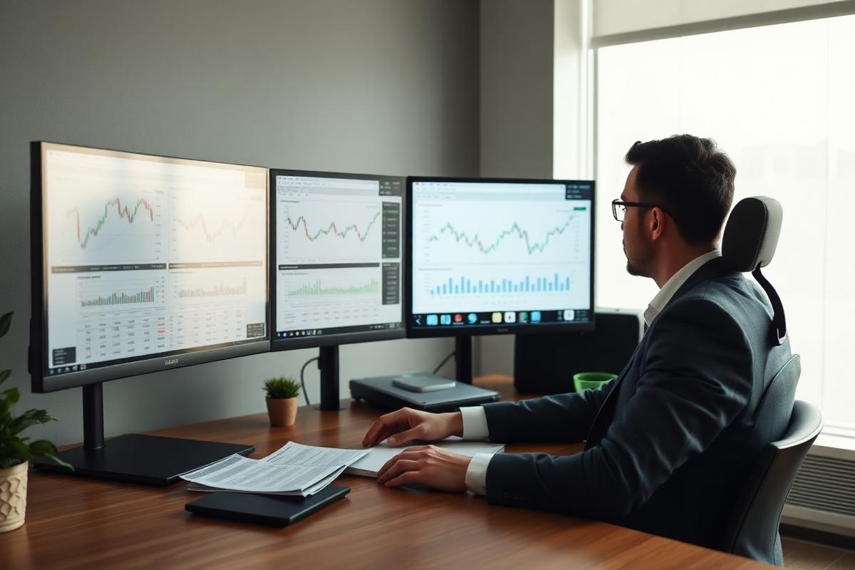 Profissional analisando gráficos de mercado em telas de trabalho