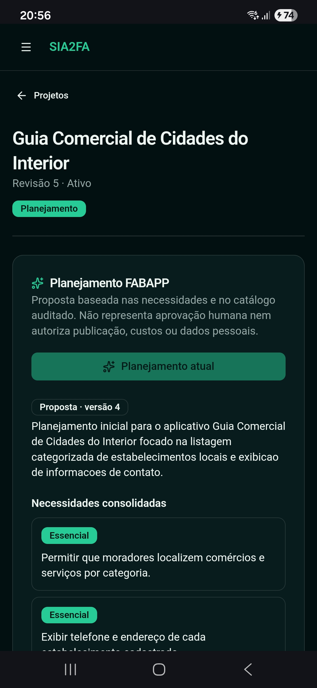 Tela real de planejamento do Sia2Fa em mobile