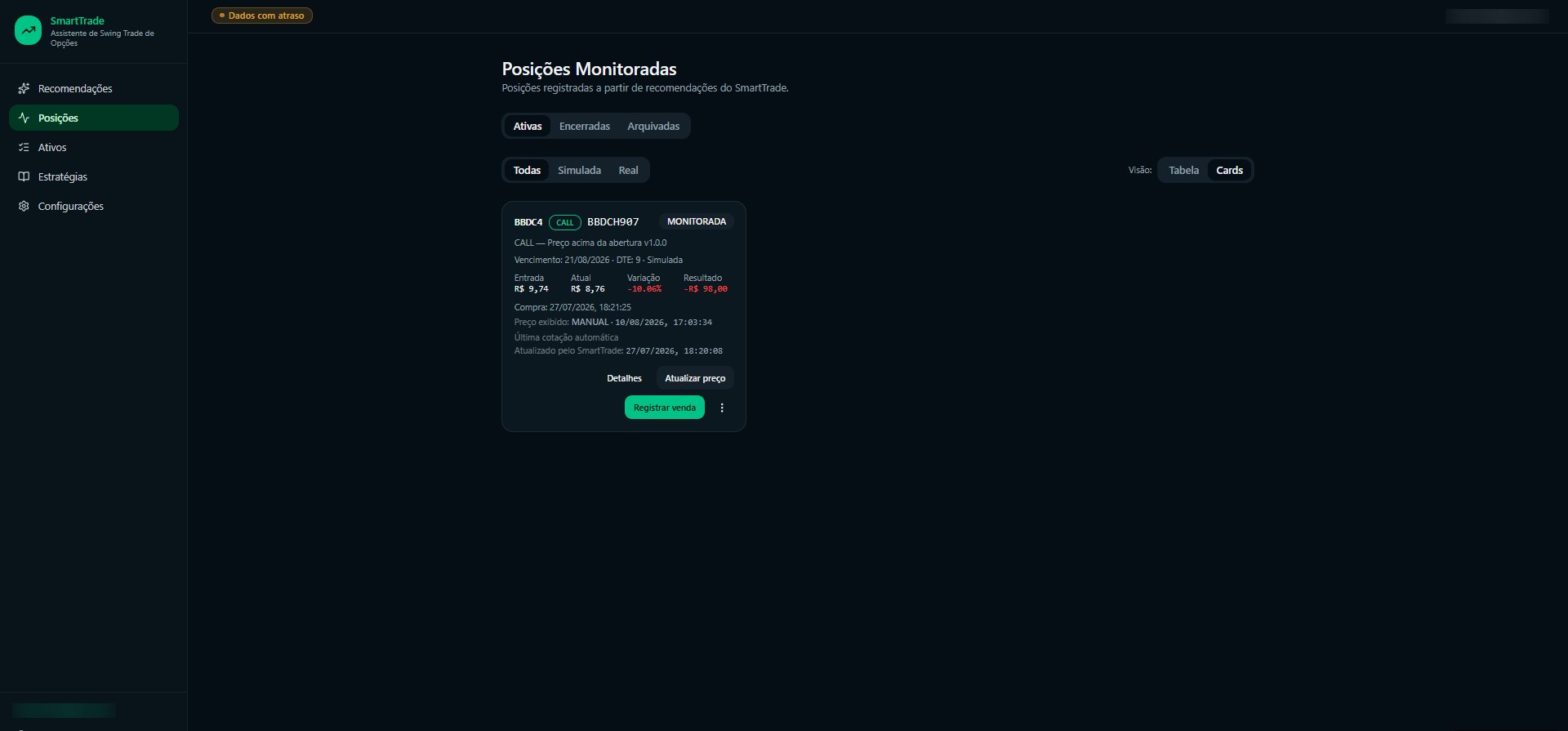 Posições monitoradas do SmartTrade, registradas a partir de recomendações