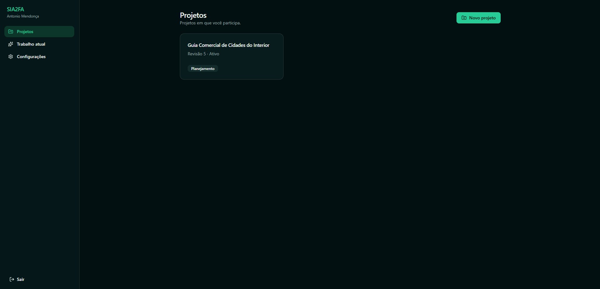 Lista de projetos do Sia2Fa com um projeto ativo em etapa de planejamento