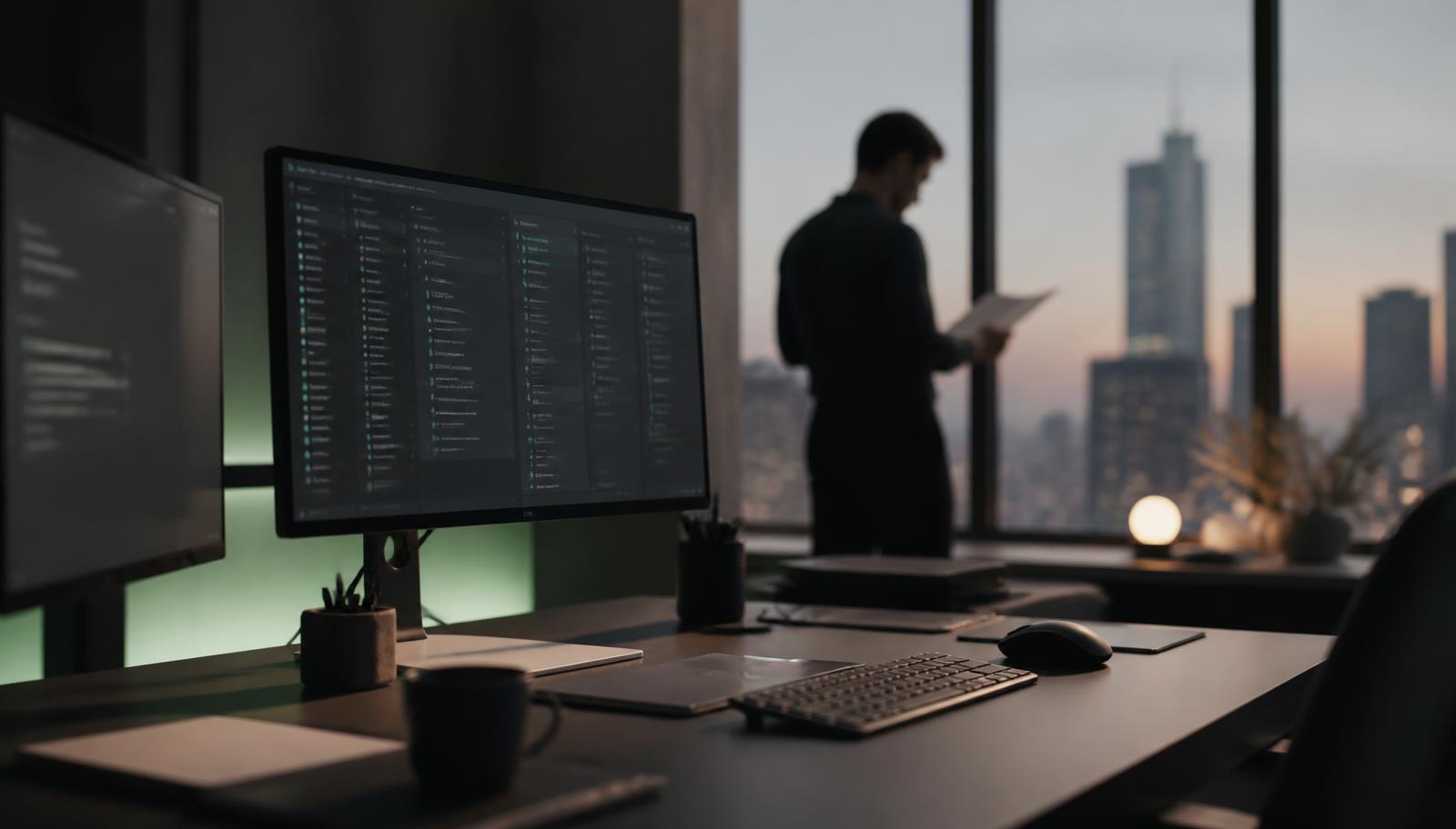 Ambiente contemporâneo de desenvolvimento de software ao anoitecer, com telas de trabalho e um profissional revisando material impresso