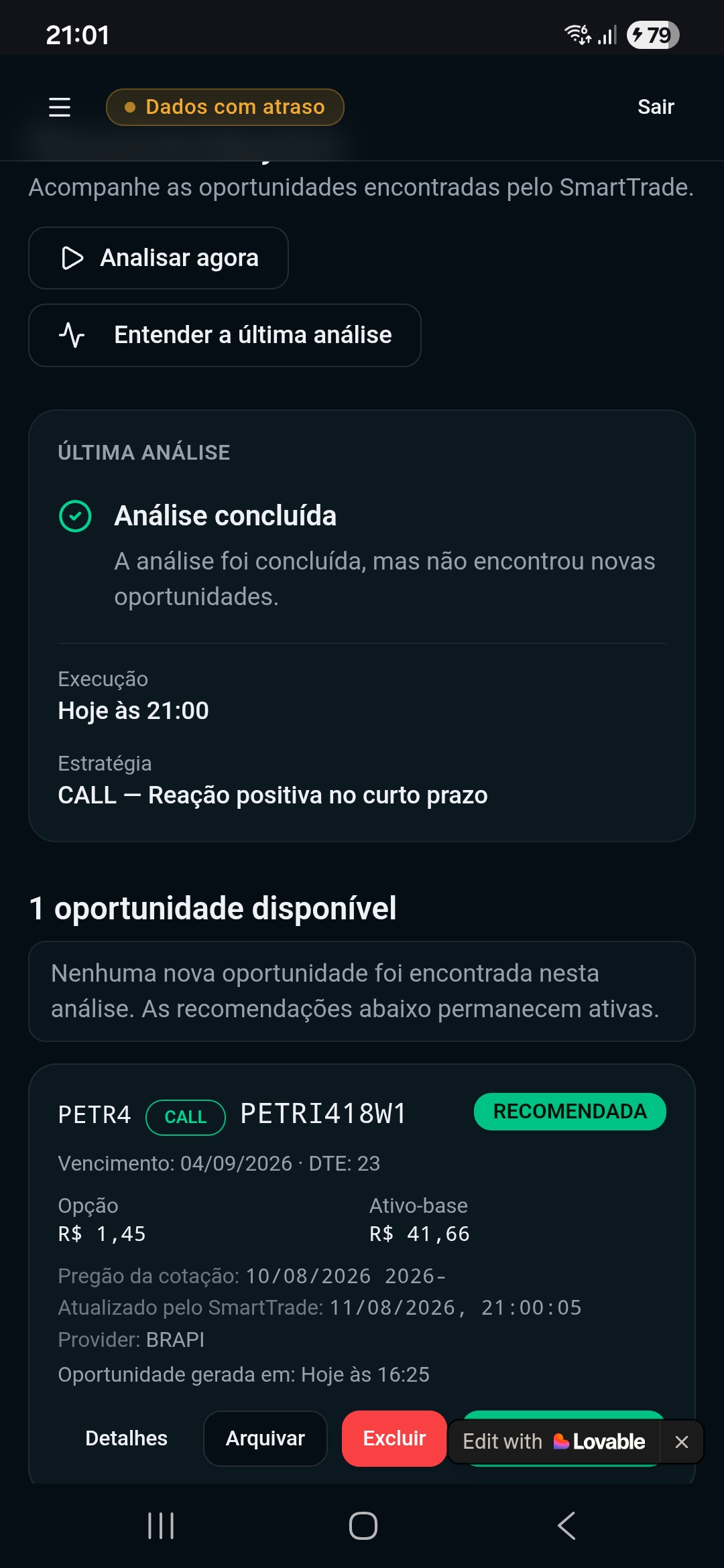 Tela real de recomendações do SmartTrade em mobile
