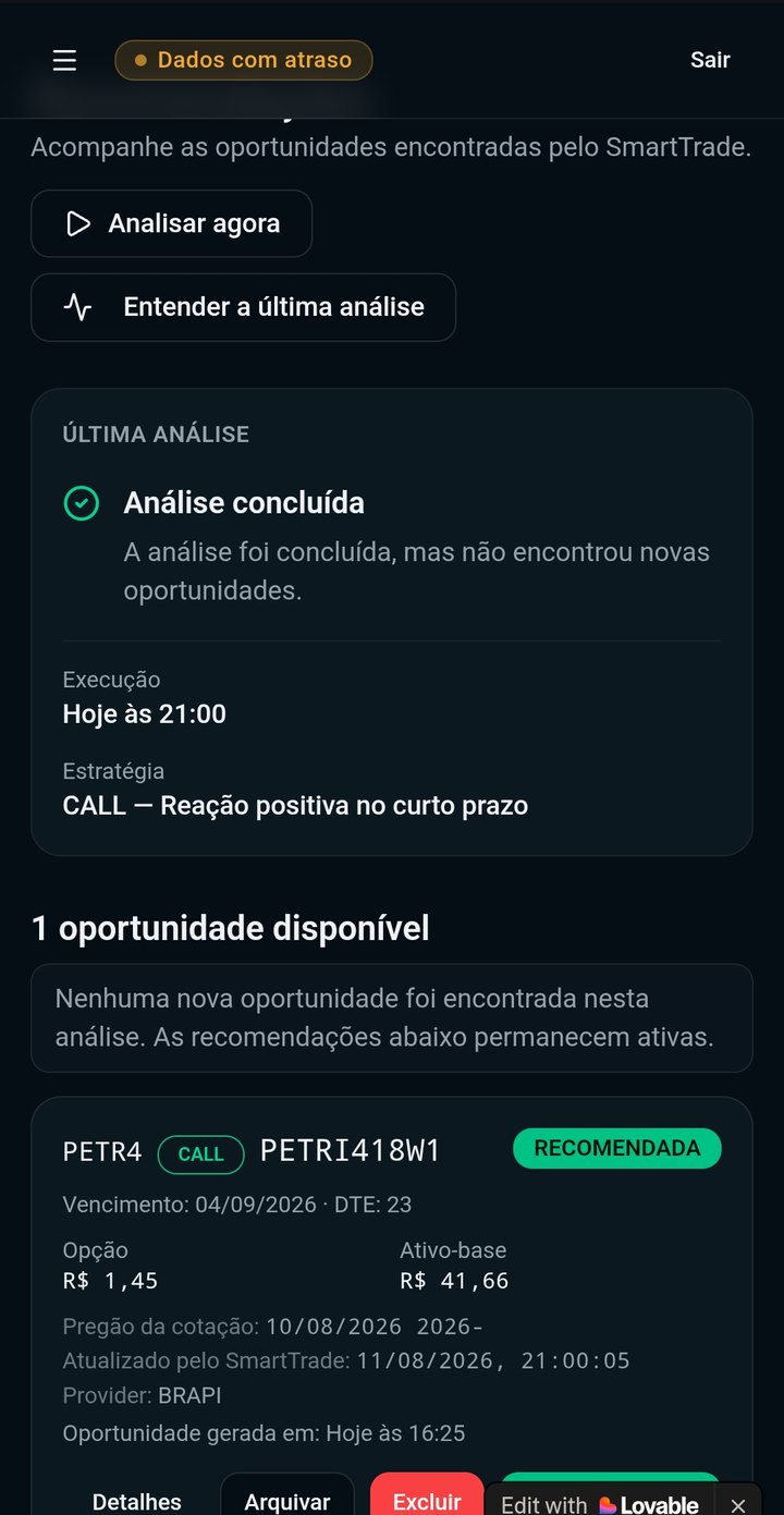 Recomendações do SmartTrade no celular