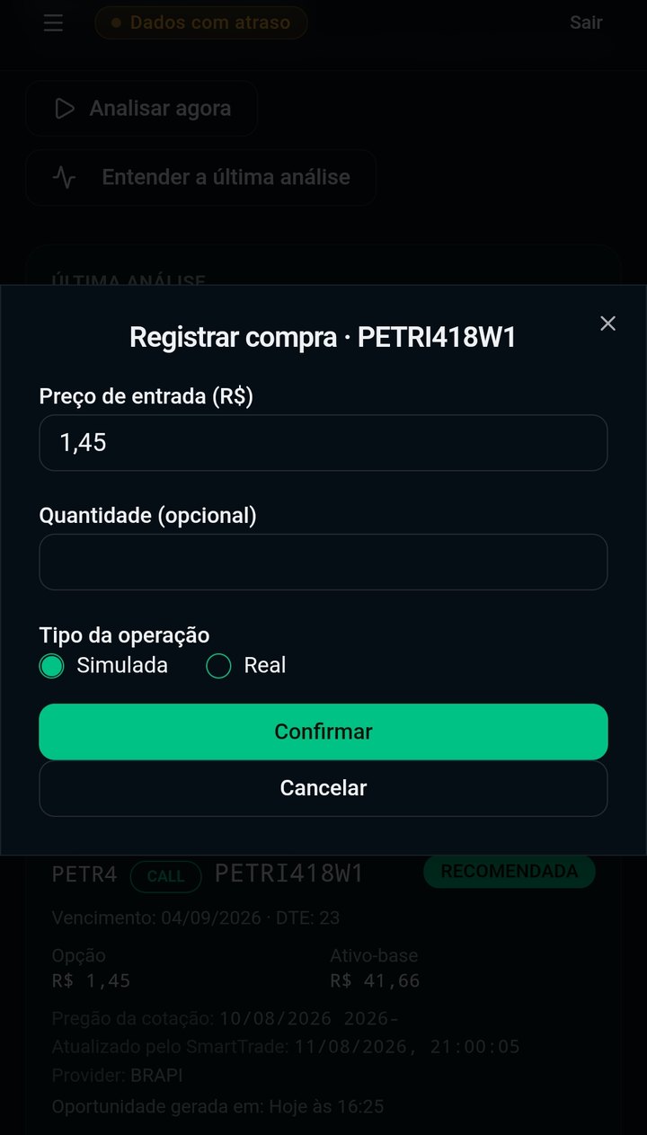 Registro da compra no SmartTrade, informado pelo usuário depois de operar em seu home broker